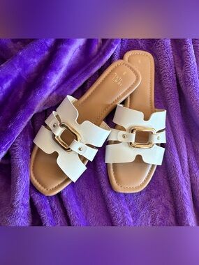 Time and Tru White Slide Sandals with Gold Buckle